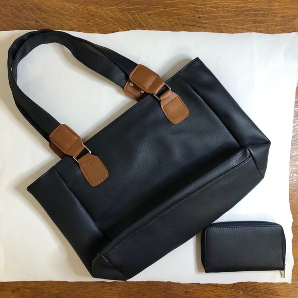 NWOT! Navy Blue & Brown Faux Leather Tote Bag w/ Matching Wallet - Picture 2 of 4